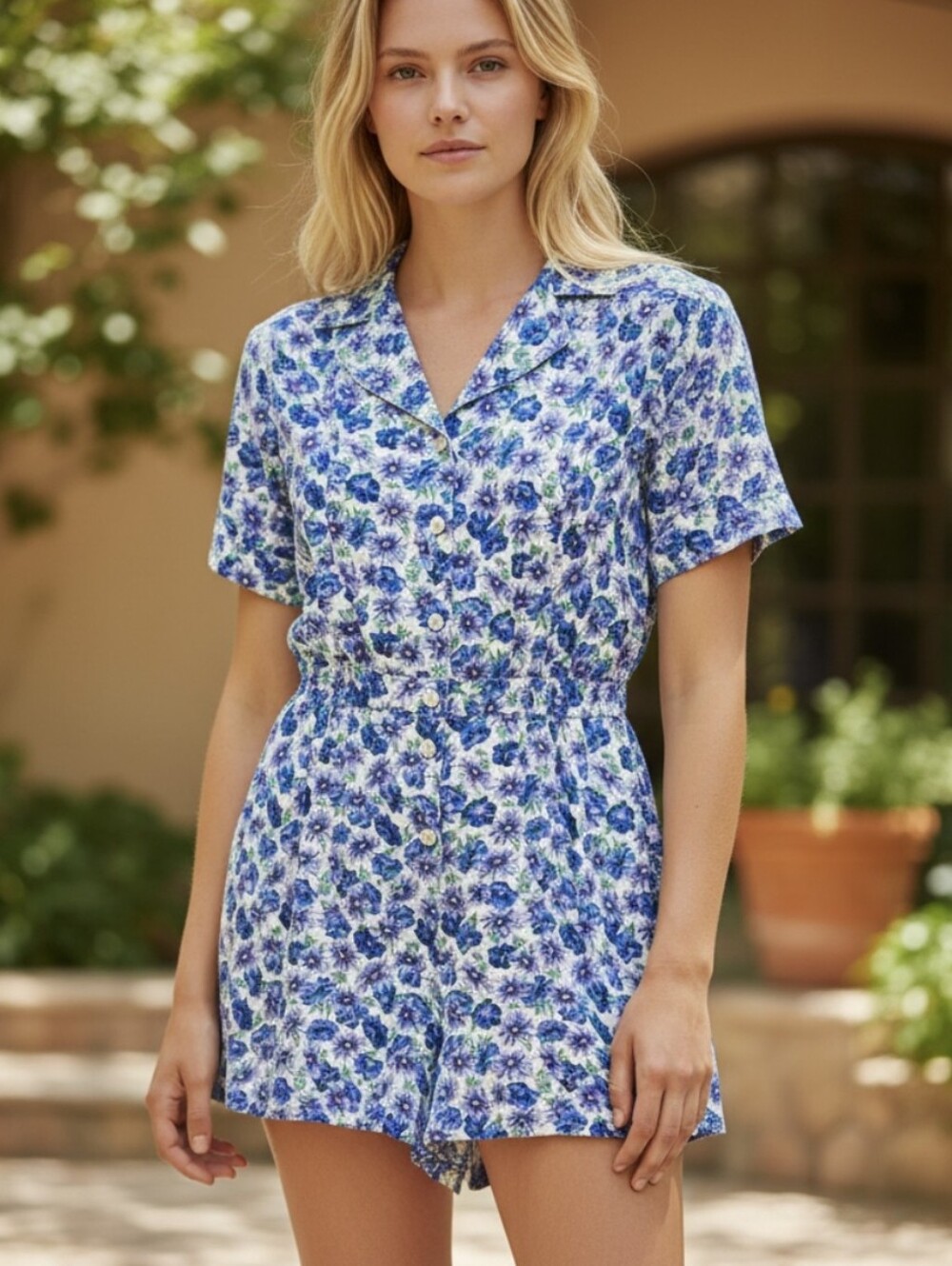 Vintage Liz Sport Petite Floral Romper Size 4 Purple Blue Green 90s